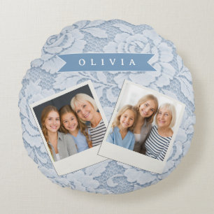 Personalized Blue Lace Floral Elegant Romantic Round Cushion