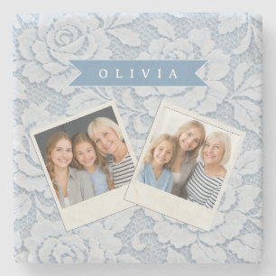 Personalized Blue Lace Floral Elegant Romantic Stone Coaster
