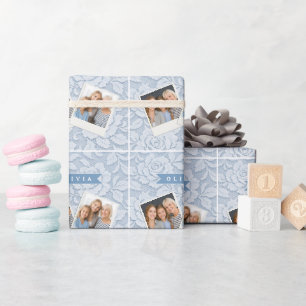 Personalized Blue Lace Floral Elegant Romantic Wrapping Paper