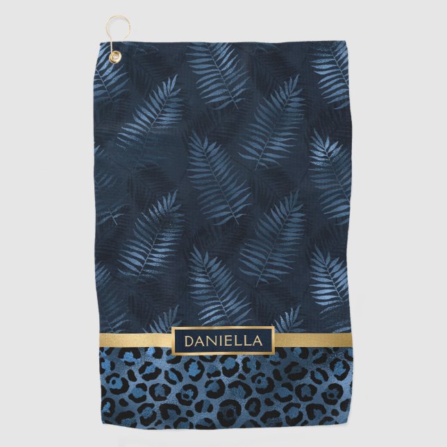 Personalized Blue Leopard Print Tropical Floral Golf Towel (Front)
