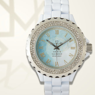 Personalized Blue Marble Women’s Rhinestone Watch 