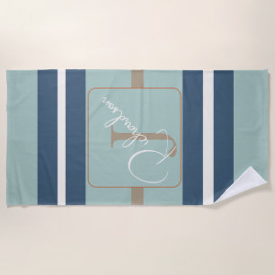 Personalized Blue Mint Tan Stripe Monogram Coastal Beach Towel