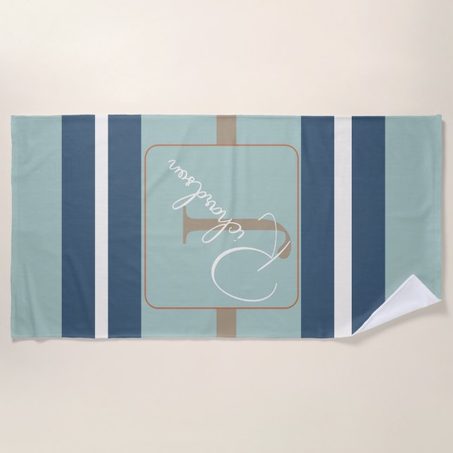 Personalized Blue Mint Tan Stripe Monogram Coastal Beach Towel (Front)