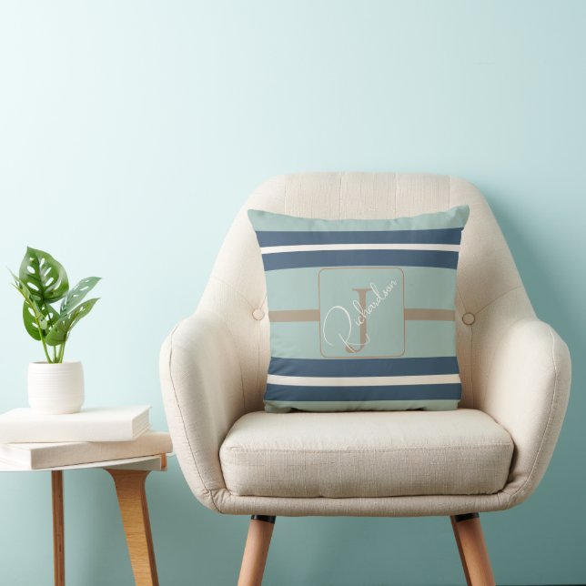 Personalized Blue Mint Tan Stripe Monogram Coastal Cushion (Chair)