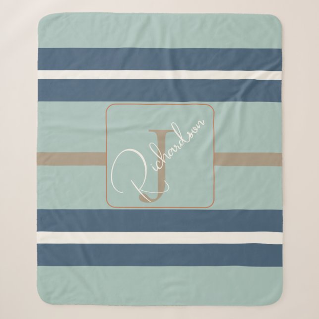 Personalized Blue Mint Tan Stripe Monogram Coastal Sherpa Blanket (Front)