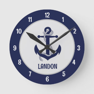 Personalized blue navy nautical marine anchor rou round clock