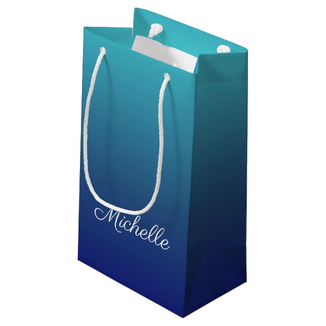 Personalized blue ombre gradient small gift bag (Back Angled)