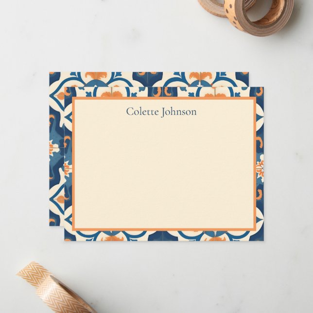 Personalized Blue Orange Tile Stationery Card (Front/Back In Situ)