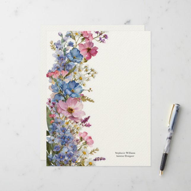 Personalized Blue Pink White Wildflowers Florals  Custom Letterhead (Front/Back In Situ)