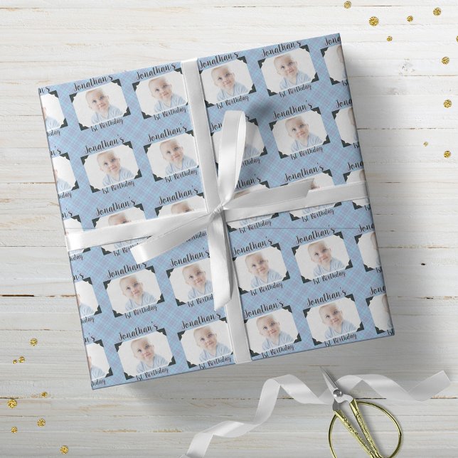 Personalized Blue Plaid Baby Birthday Photo Wrapping Paper (Creator Uploaded)