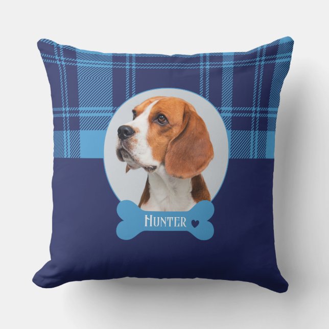 Personalized Blue Plaid Tartan Pet Memorial  Cushion (Front)