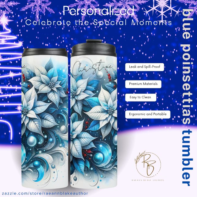 Personalized Blue Poinsettias Thermal Tumbler (Creator Uploaded)