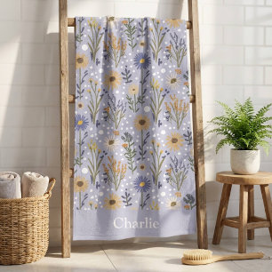 Personalized Blue Polka Dot Flower Kids Bath Towel