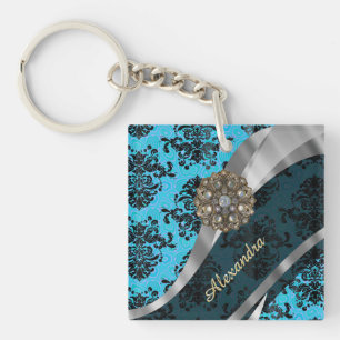 Personalized blue pretty girly damask pattern key ring