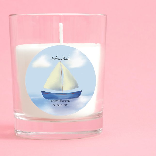 Personalized Blue Sail Boat Baby Shower Classic Round Sticker (Creator Uploaded)