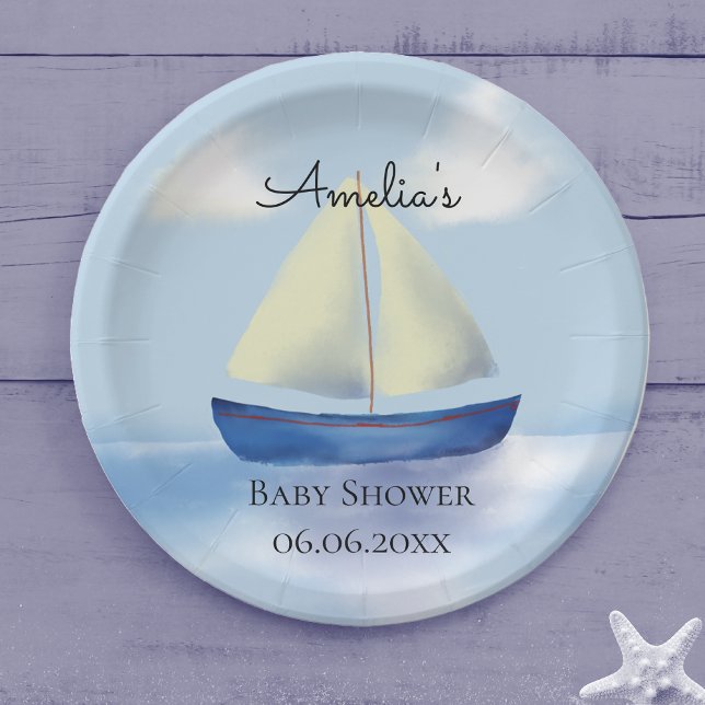 Personalized Blue Sailboat Baby Shower Paper Plate (Creator Uploaded)
