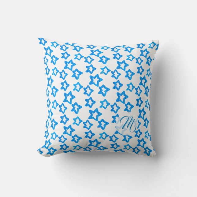 Personalized Blue Star Pattern with Monogram Cushion (Front)