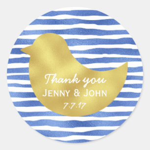 Personalized Blue Stripes Gold Wedding Thank you Classic Round Sticker