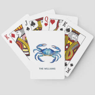 Personalized  Blue Watercolor Crab Summer Beach    Playing Cards