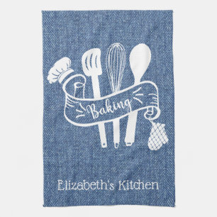 Personalized Blue White Faux Denim Baking Utensil Tea Towel