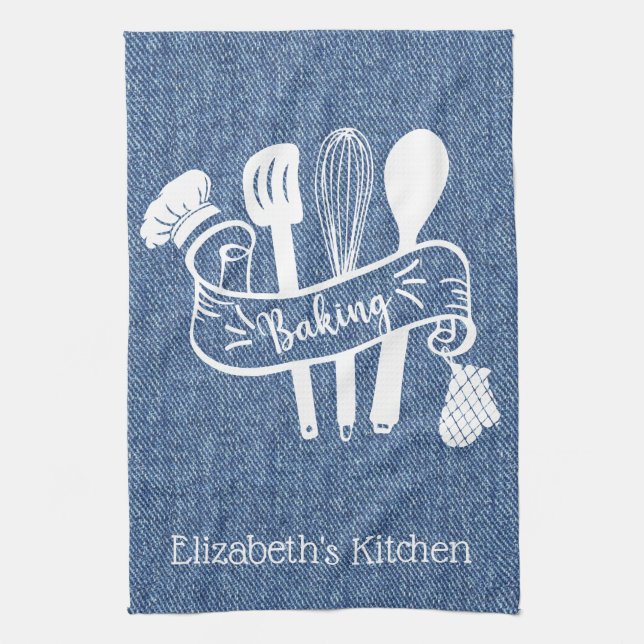 Personalized Blue White Faux Denim Baking Utensil Tea Towel (Vertical)