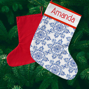 Personalized Blue White Snowflakes Red Back Small Christmas Stocking