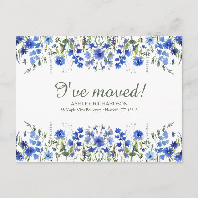 Personalized Blue Wildflower I've Moved Postcard (Front)