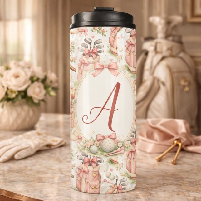 Personalized Blush Bow Golf Monogram Thermal Tumbler (Creator Uploaded)