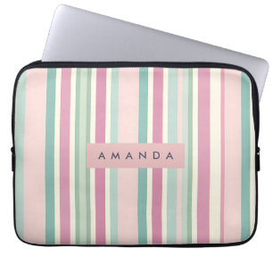 Personalized Blush Mint Pastel Stripes Laptop Sleeve