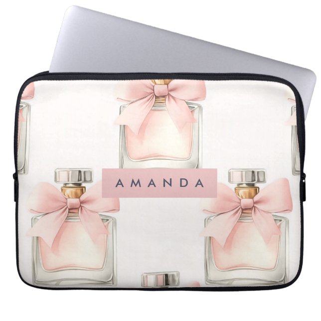 Personalized Blush Perfume Bottle Coquette Pattern Laptop Sleeve (Front)