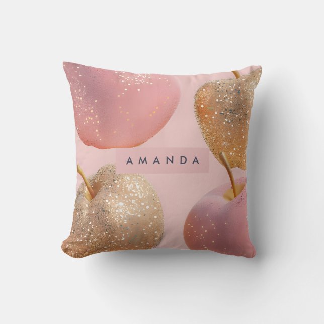 Personalized Blush Pink and Gold Glitter Apple  Cushion (Front)
