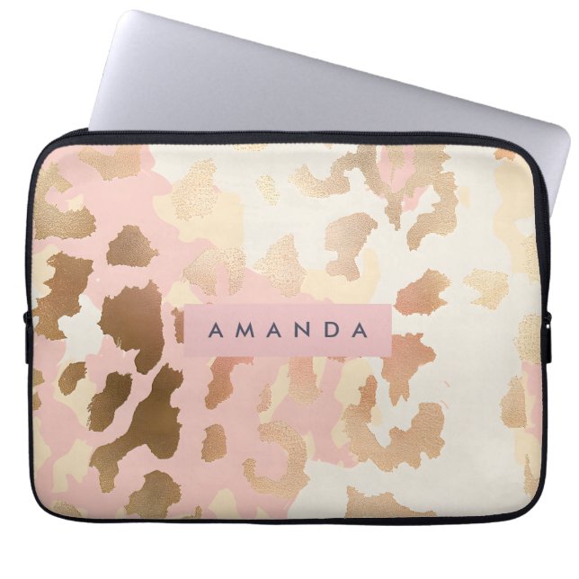 Personalized Blush Pink and Gold Leopard Print Laptop Sleeve (Front)