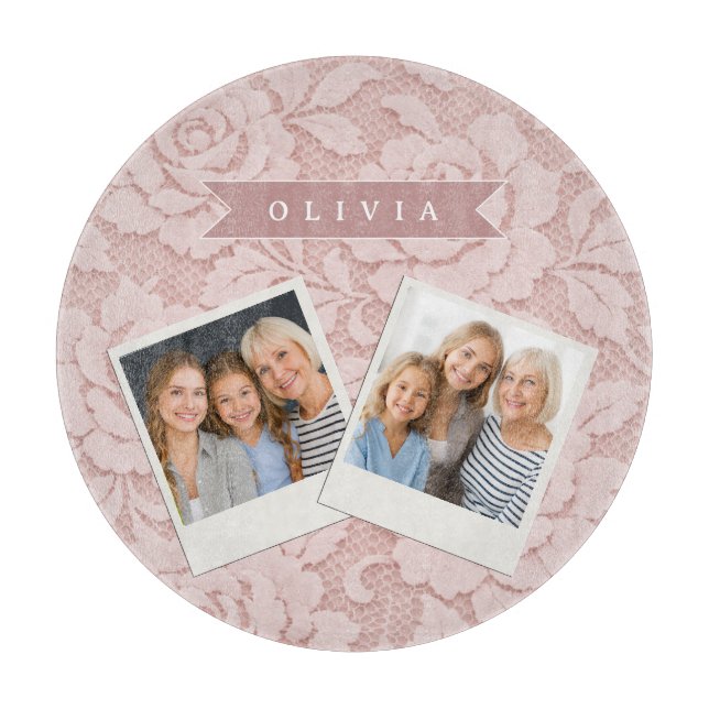 Personalized Blush Pink Lace Floral Romantic Cutting Board (Front)