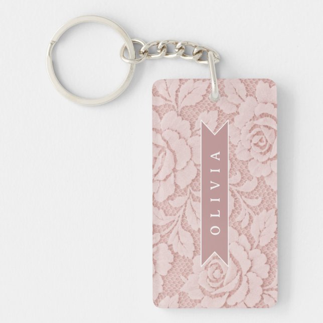 Personalized Blush Pink Lace Floral Romantic Key Ring (Front)