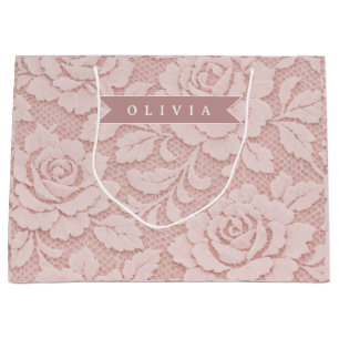 Personalized Blush Pink Lace Floral Romantic Large Gift Bag