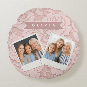 Personalized Blush Pink Lace Floral Romantic Round Cushion