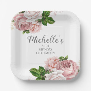 Personalized Blush Pink Watercolor Floral Birthday Paper Plate