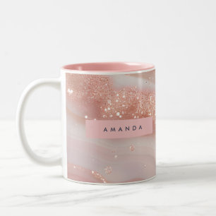 Personalized Blush Rose Gold Marble Sparkle Two-Tone Coffee Mug