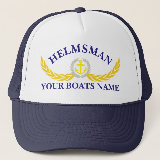 Personalized boat name anchor motif helmsmans trucker hat (Front)