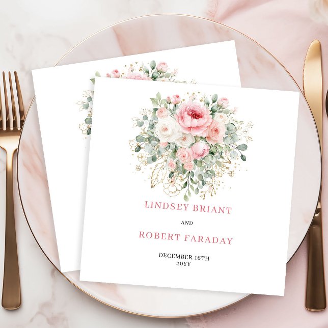 Personalized Boho Blush Rose Greenery Gold Wedding Napkin (Personalized Blush Rose Greenery Gold Wedding Napkins)