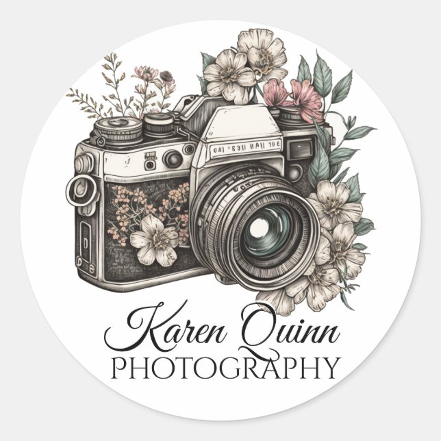 Personalized, Boho Camera Print, Photography Brand Classic Round Sticker (Front)