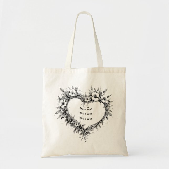 Personalized Boho Floral Heart Tote Bag (Front)
