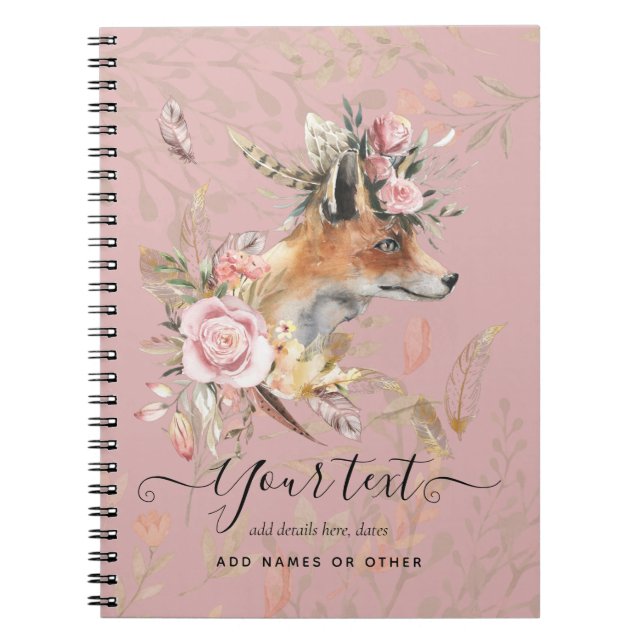 PERSONALIZED Boho Fox Feathers Commemorative Gift Notebook (Front)