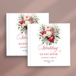 Personalized Boho Red White Floral Wedding Guest Book