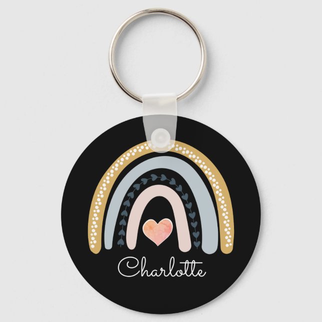 Personalized Boho Watercolor Rainbow Black Key Ring (Front)