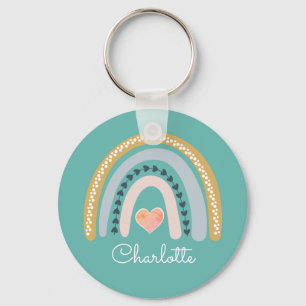 Personalized Boho Watercolor Rainbow Turquoise Key Ring