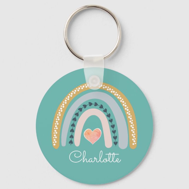 Personalized Boho Watercolor Rainbow Turquoise Key Ring (Front)