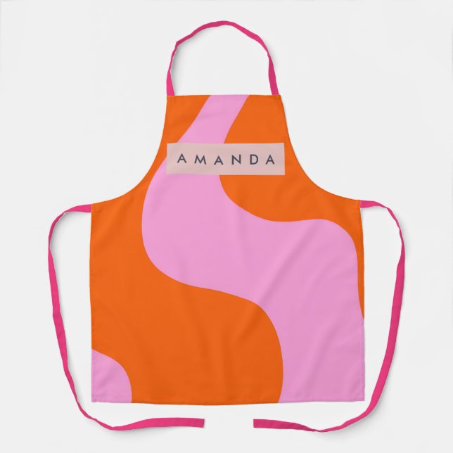 Personalized Bold Orange and Pink Wave Stripe Apron (Front)