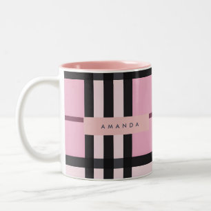Personalized Bold Pink & Black Plaid Pattern Two-Tone Coffee Mug