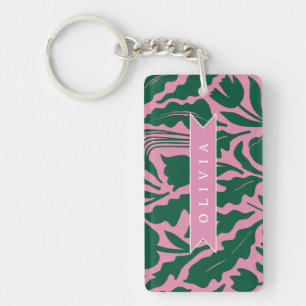 Personalized Bold Pink Botanical Floral Name Gift Key Ring